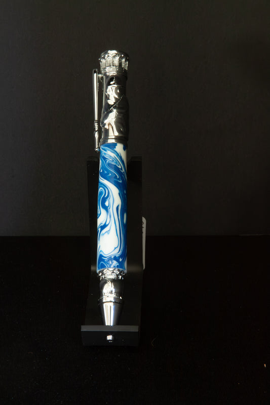 Decorative Baseball pen with blue and white design on a black background