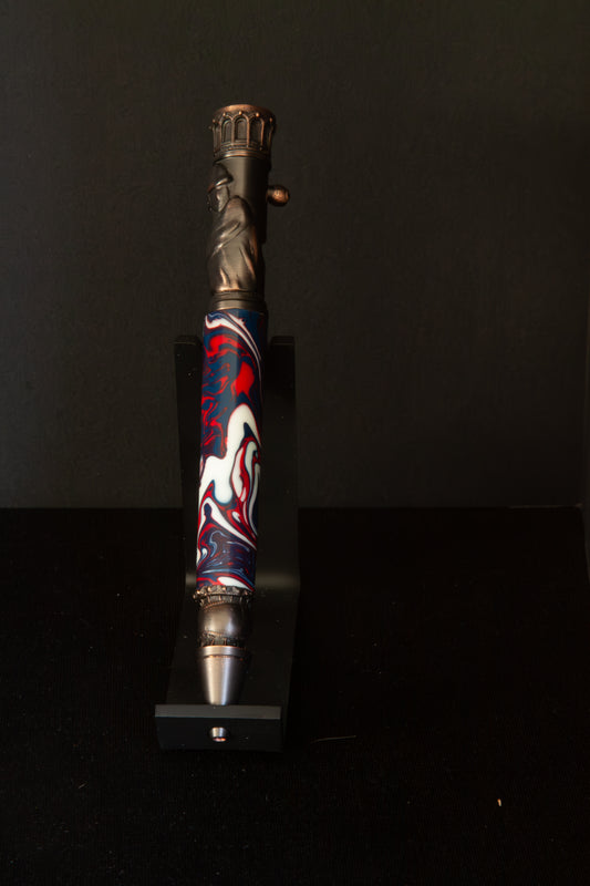 Decorative Baseball pen with red, white and blue design on a black background